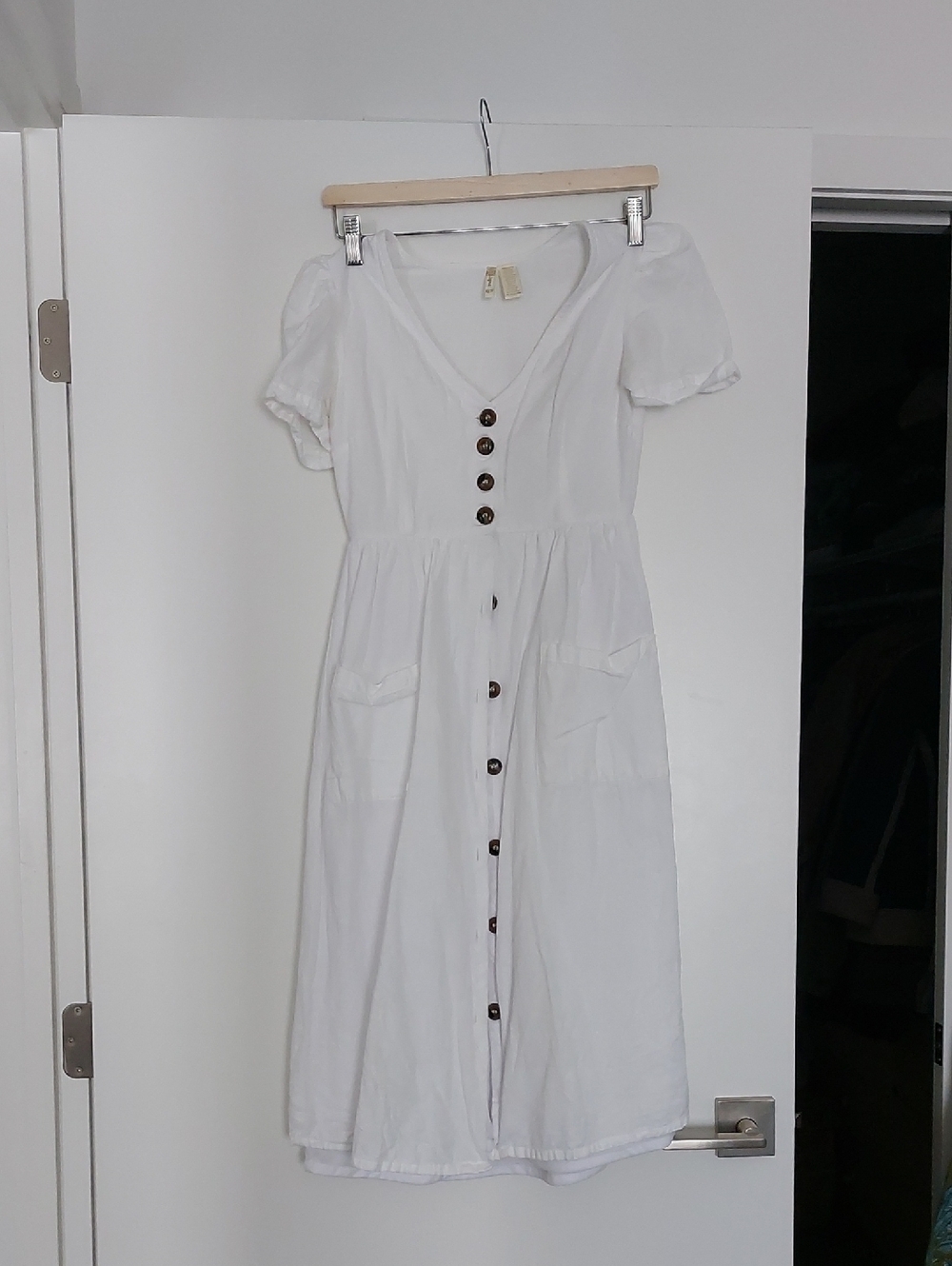 Japna White Button-Front Midi Dress with Puff Sleeves